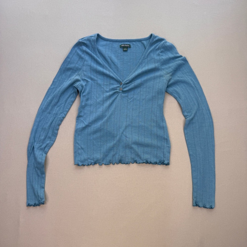 Wild Fable Blue Pointelle Knit V-Neck Long Sleeve Top Lettuce Edge Trim Small